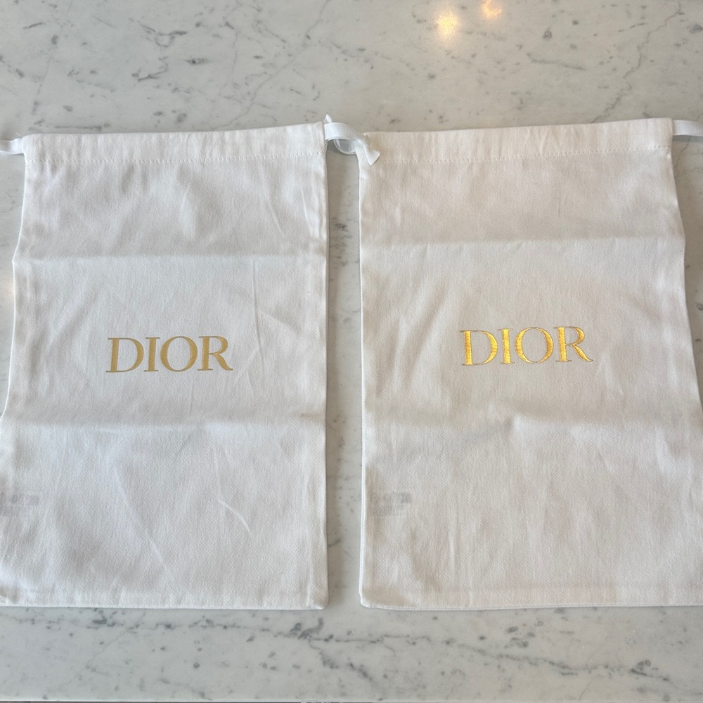 ✨ Christian Dior Pair of White Cotton Drawstring Dust Bag Pouch – Gold Logo